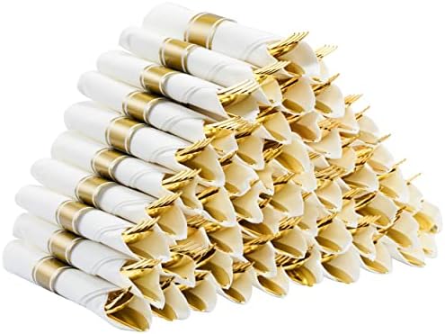 Isfangco 50 pacote de talheres de plástico de ouro pré-enrolado, conjunto de talheres de plástico embrulhado