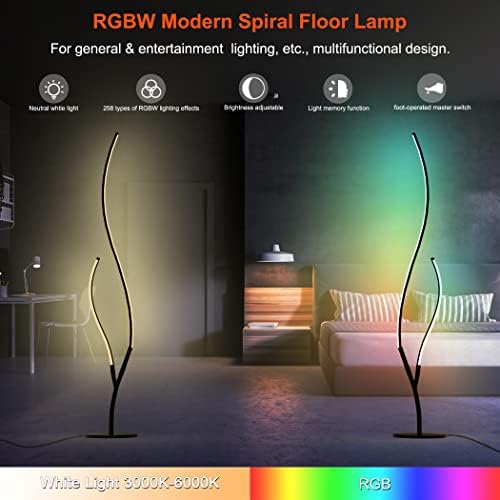 RGBW Modern Spiral Floor Lamp para o quarto da sala de estar, diminuição da lâmpada de chão de leitura de leitura preta de leitura com iluminação ambiental remota e exclusiva
