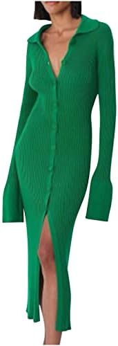 Mulheres Bodycon Clebed Knit Sweater Dress Botão de lapela de manga longa Vestido maxi de manga