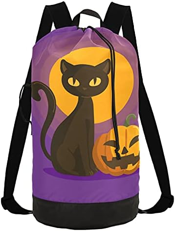 Bolsa de lavanderia de halloween de gato preto com alças de ombro, lavanderia mochila saco de tração de tração de