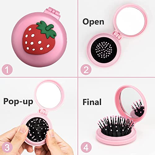 4Packs mini escova de cabelo para bolsa, escova de cabelo de bolso com espelho para meninas rosa, pequeno portátil