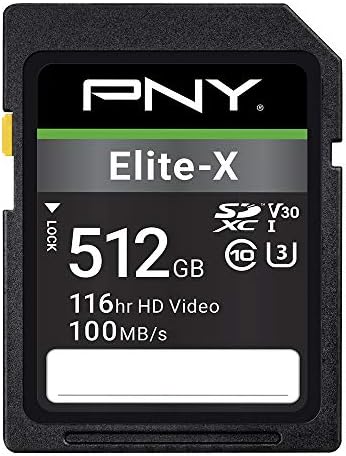 PNY 512 GB Elite-X Classe 10 U3 V30 Card de memória flash SDXC-100MB/S, Classe 10, U3, V30, 4K UHD, Full