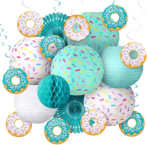 19 PCs Donut Birthday Party Decorações, 6 PCs Donut Lanterns Sprinkle Hanging Paper Lanterns, Ball da favo de mel,