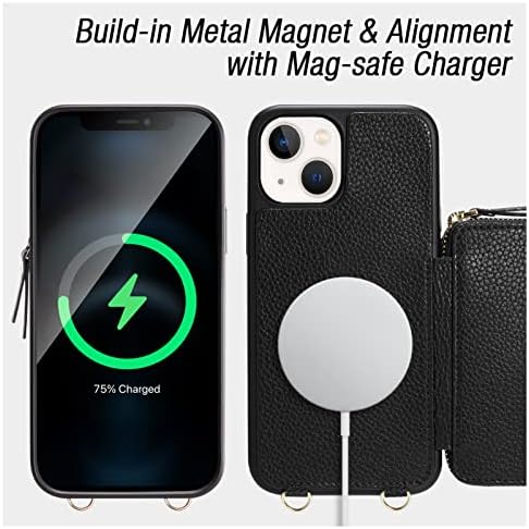 Zve iphone 14 plus crossbody wallet caar magsafe, capa de telefone magnética com suporte de pulso de cartão de