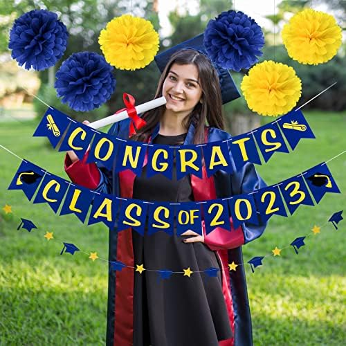 Decorações de festa de graduação azul e amarelo 2023, parabéns aula de 2023 Banner Blue and Yellow