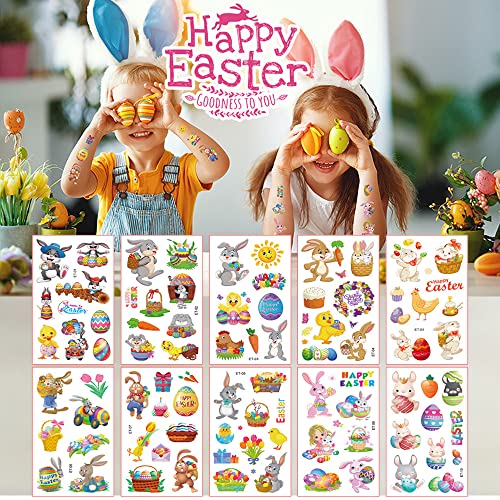 Tatuagens temporárias de Páscoa para crianças 10 folhas Bunny Easter Gifts Design de desenhos animados