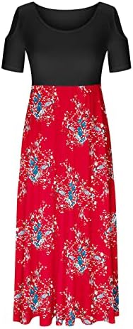 Vestidos de maxi floral de manga curta feminina vestidos longos casuais com bolsos vestido de verão no ombro