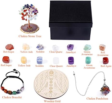 Crystaletars Cristais de cura 7 Chakra Crystal Stones Troped & Raw Stones Kit para iniciantes de cristal Coleção de pedras preciosas Chakra Cura Meditação Yoga Terapia de cristal de ioga