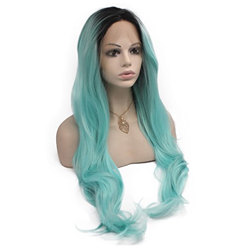 Mxangel Long Wavy ombre Blue Synthetic Wig Lace Fronteiro Resistente a Fibra de Fibra Hair peruca