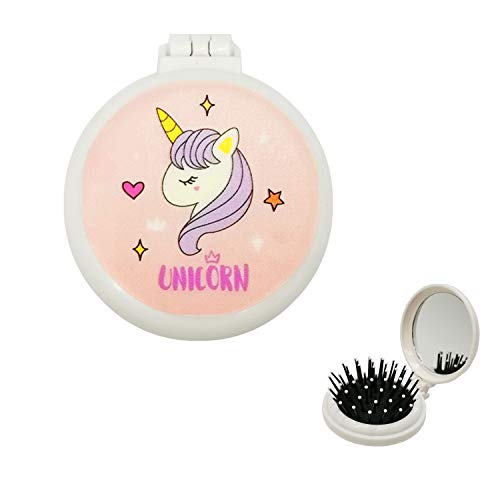 Pincel de cabelo unicórnio, mini escova de cabelo dobrável com espelho de maquiagem compacto molhado molhado cacheado