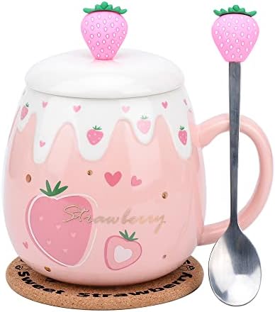 Caneca rosa, copo de morango kawaii, caneca de café cerâmica fofa com tampa e colher adorável, casca