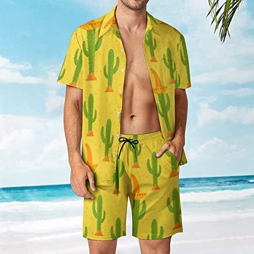 Padrão de cacto cacto de weedkeycat com hat mexicano roupas de praia masculinas de 2 peças de botão havaiana
