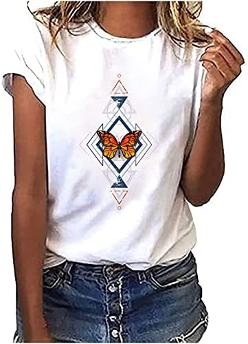 Verão feminino de borboleta impressão de t-shirt moderna de manga curta no pescoço redondo blusas