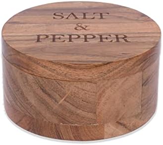 Samhita Acacia Wood Salt & Spice Box com tampa giratória magnética, sal e pimenta gravado no suporte
