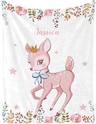 Cobertor de bebê personalizado floral de cervo bambi rosa para meninos meninas cochilos personalizados