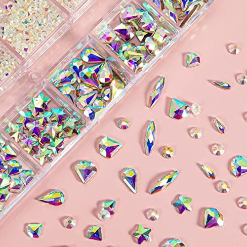 4440 PCs Reth ritrósticos da arte, Crystal ab strass gemas de unhas, diamantes de unhas 3D em forma de múltiplas formas para arte de unhas e decoração de bricolage, com lápis de seleção e pinça