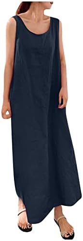 Vestido de manga longa feminina Suspender de linho de algodão de bolso solto de bolso redondo vestido sem mangas