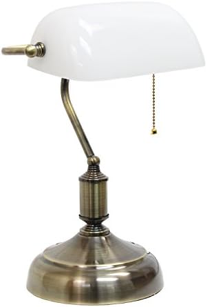 Designs simples LT3216-WHT Sombra de vidro do banqueiro, lâmpada de mesa, níquel antigo/branco 10 x 8,66 x 14,75