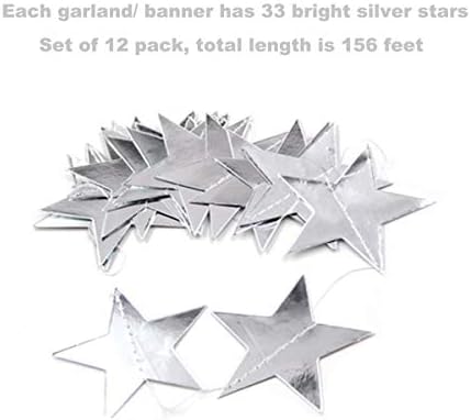 Silver Star Garland Banner Decorações - 156 pés de papel prateado brilhante Decorações penduradas, banner de estacas