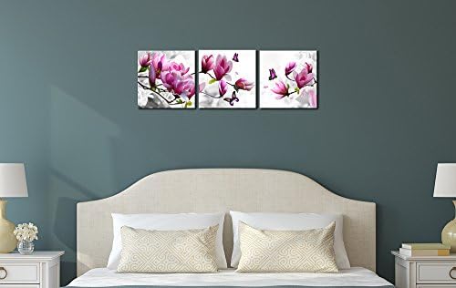 WIECO ART Butterfly in Magnolia Canvas Impressões de parede Arte de parede 3 peças Flores roxas Pictures Pinturas