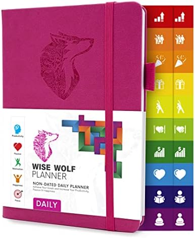 Wise Wolf Planner Diário Produtividade - Agenda de 6 meses Agenda para gerenciamento de tempo Gratidão para alcançar seus objetivos e vencer a procrastinação vegana couro, rosa