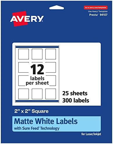 Avery Matte White Square Rótulos com rótulos seguros, 2 x 2, 300 rótulos foscos para imprimir brancos