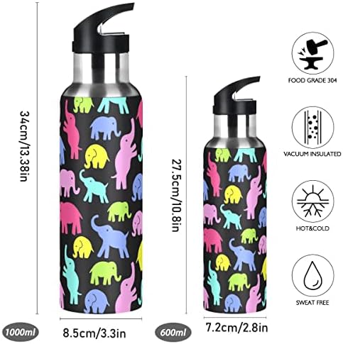Elefantes gláficos coloridos de 20 onças de água, garrafa de água com tampa de palha em aço inoxidável,