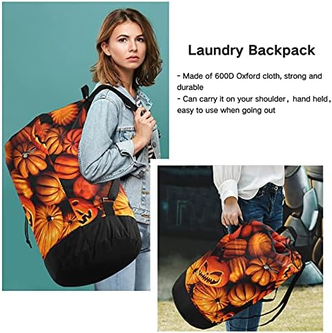 Halloween Scary Pumpkins Market Laundry Laundry Backpack de lavanderia pesada com alças de ombro Handles Travel