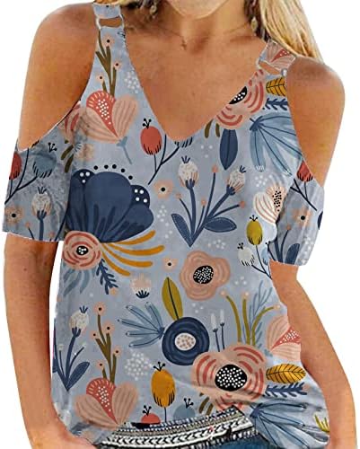 Camise de ombro feminino de ombro frio camiseta de manga curta metal fivela cami tops boho floral gráfico v blusa