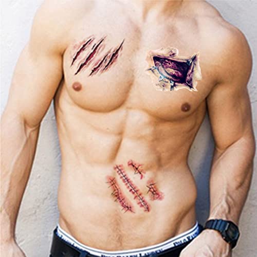 Womaha 9 lençóis Halloween grande cicatriz Tattoo Tattoo Tattoos à prova d'água e não tóxica Boby tatuagens