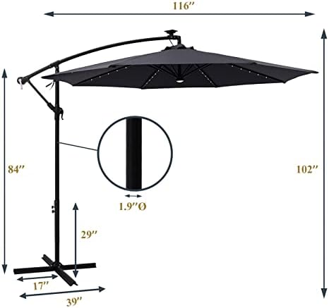 Jarka & Co 10 pés solar energia suspensa cantilever pátio guarda -chuva para externo com luzes LED e suporte