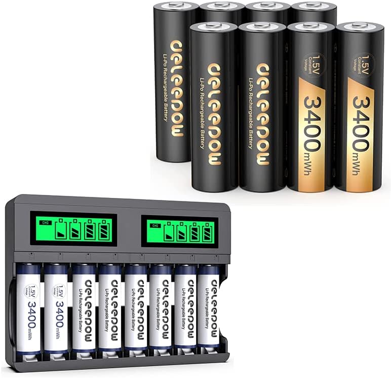 DeLeepow Recarregável Baterias AA 3400mWh 1,5V com LCD 8 carregador de slot 16-pacote