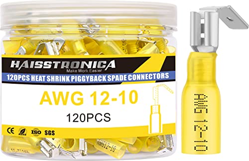 HAISSTRONICA 120pcs Amarelo encolhimento de calor de piggyback conectores de pá, 12-10 awg piggyback conectores de fio, terminais de desconexão rápida Piggyback