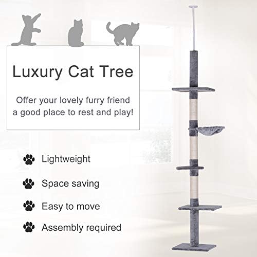 Pawhut 9 'Altura ajustável Piso ao teto da árvore de gato vertical-cinza e branco