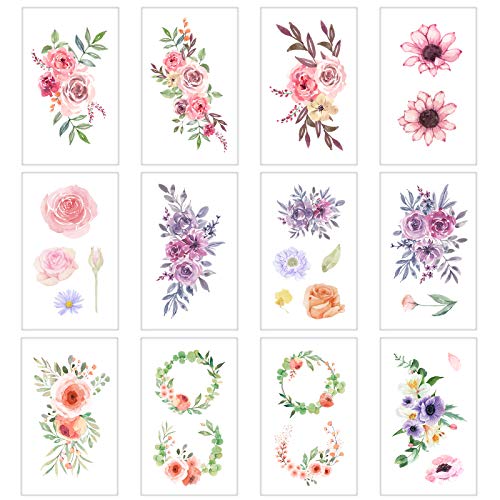 Everjoy Flowers Tatuagens temporárias adesivas, rosas aquarela, peony, margarida, arte de corpo