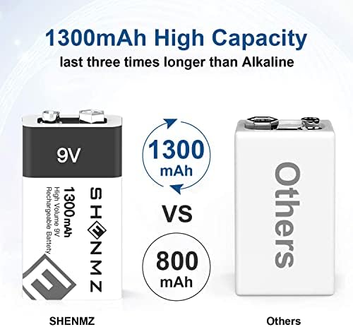 Baterias de 9V recarregáveis ​​de Shenmz, bateria de 9V 9Volt 1300mAh duradouros para todos os fins com 2-in1