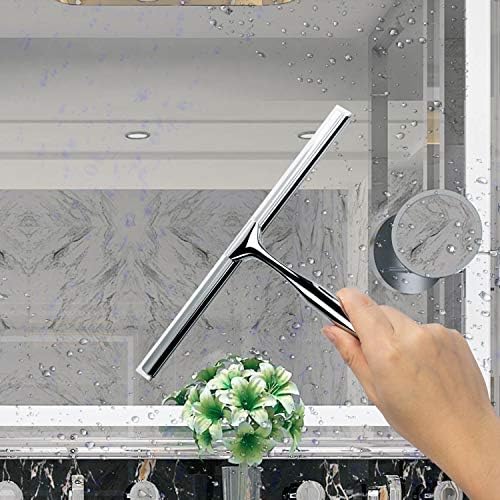 Ettori Chuveiro Squeegee Limpador de parede de vidro transparente Aço inoxidável com gancho de armazenamento de sucção -10 '', Chrome