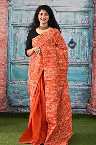 PeeGli Sanganeri Saree impressa à mão com uma peça de blusa indiana de 4 sari de algodão