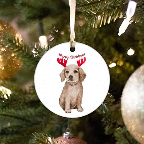Cachorro com chifres de christmas, ornamento de cerâmica de cão feliz, animal de estimação com ornamento de