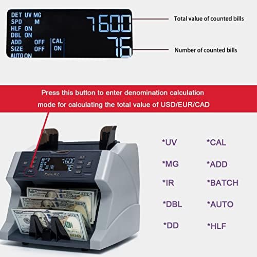 Raeoewz Y5568 Máquina de contador de dinheiro com contagem de valores, USD, Euro, UV/mg/IR/DD Detecção