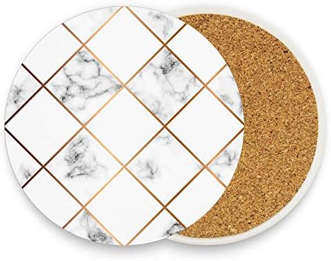 Kuizee Drink Cerâmica Coasters Textura de mármore branco linhas geométricas douradas absorventes coantres apartamentos da cozinha decoração de barra redonda de cortiça base 3,9 polegadas