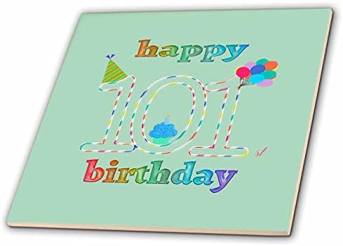 3drose feliz 101º aniversário, cupcake com vela, balões, chapéu, colorido - azulejos