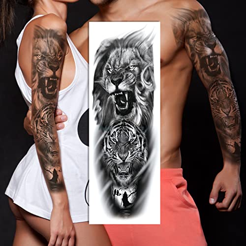 Tigre e leão tatuagens temporárias, tatuagens falsas de braço cheio extra, adesivos frios de tatuagem