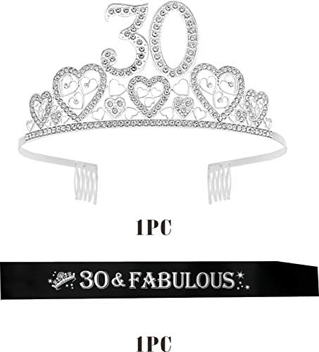 30º Aniversário Sash e Tiara for Women - Fabulous Glitter Sash + Hearts Rhinestone Silver Premium Metal Tiara para