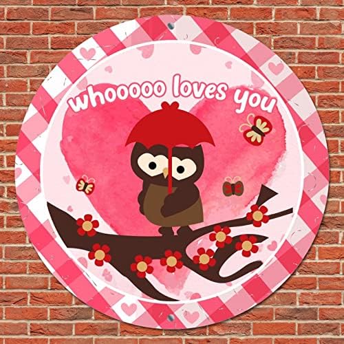 Placa de metal redonda Placa Dia dos Namorados O queoooo te ama corujas corações rosa corações