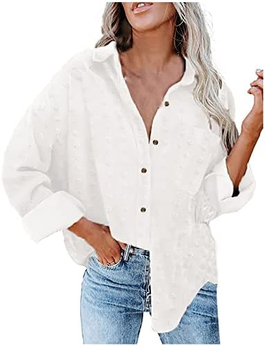 Botão de colarinho do pescoço da mulher V Camisa de chiffon de manga comprida blusas de ponto suíço